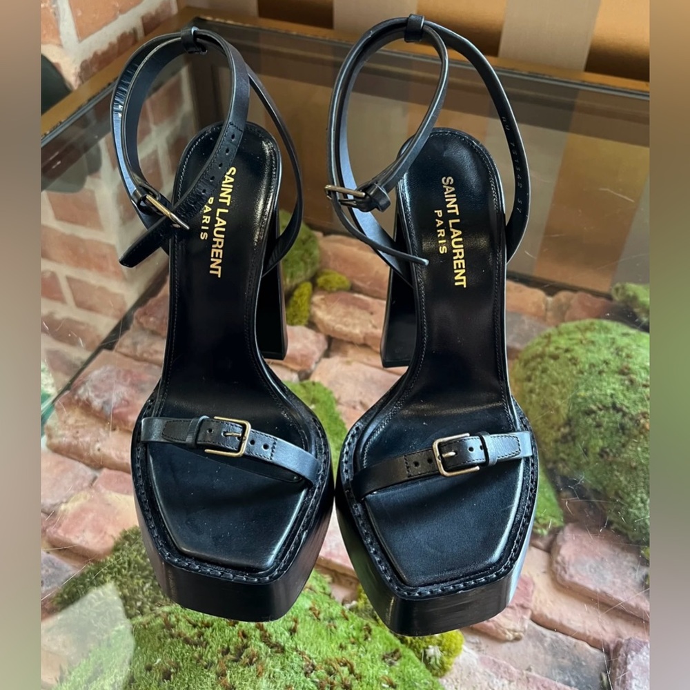 Yves Saint Laurent Carine Black Leather Buckle Platform Sandal